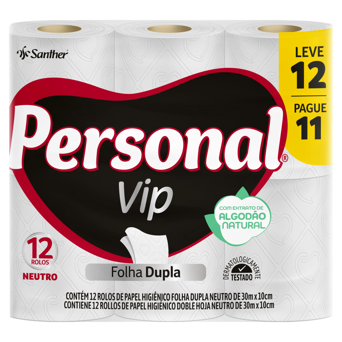 Papel Higiênico Folha Dupla Neutro Personal Vip 30m Pacote Leve 12