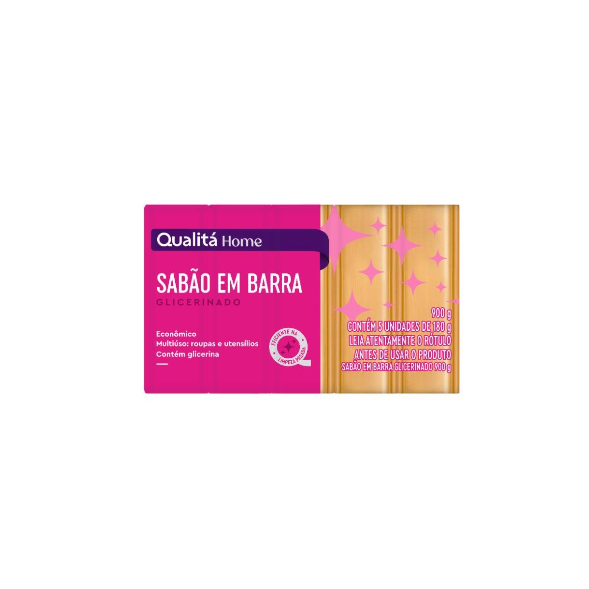 Sabão Barra Glicerinado Multiuso Qualitá Home Pacote 900g 5 Unidades