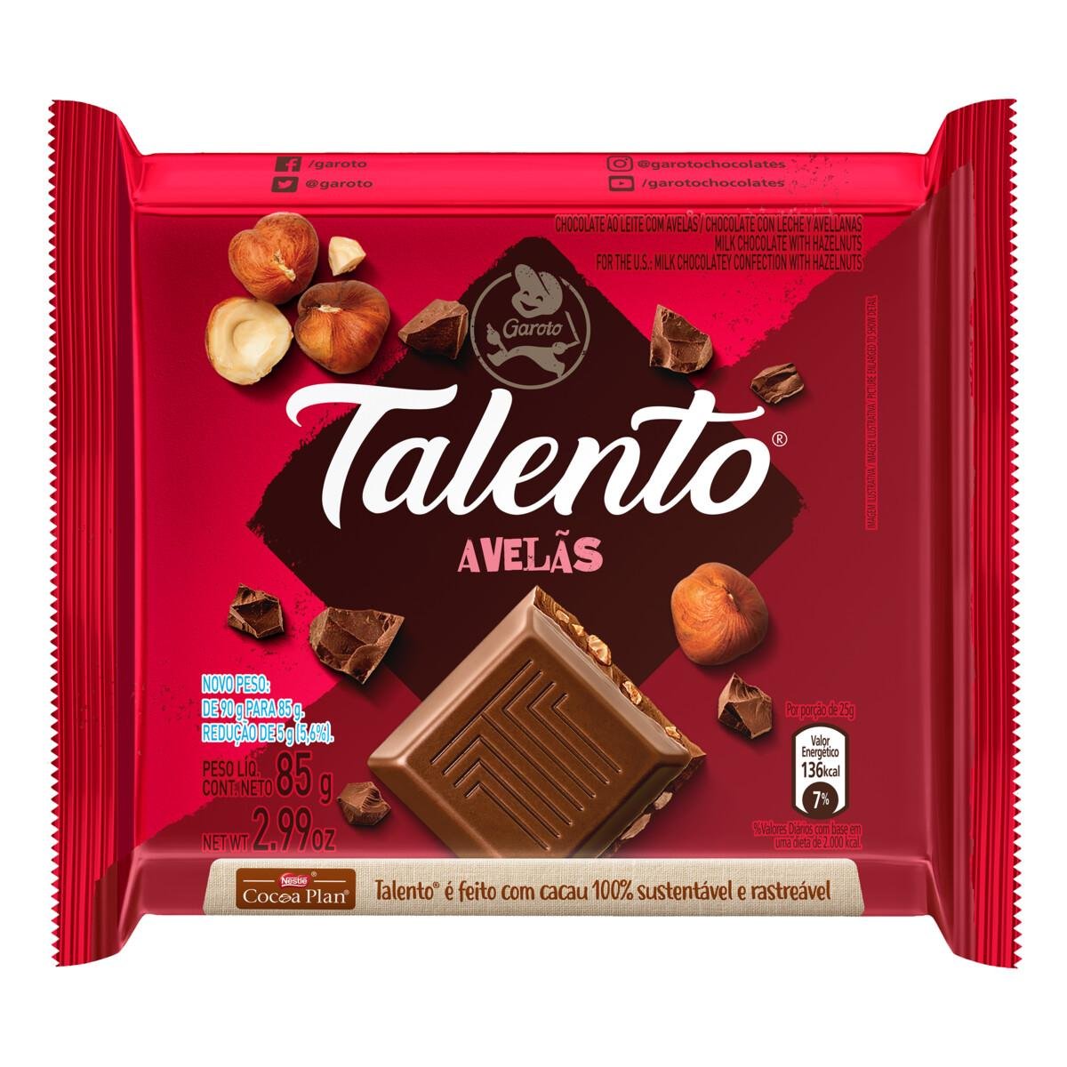 Chocolate ao Leite com Avelãs Garoto Talento Pacote 85g Pão de Açúcar