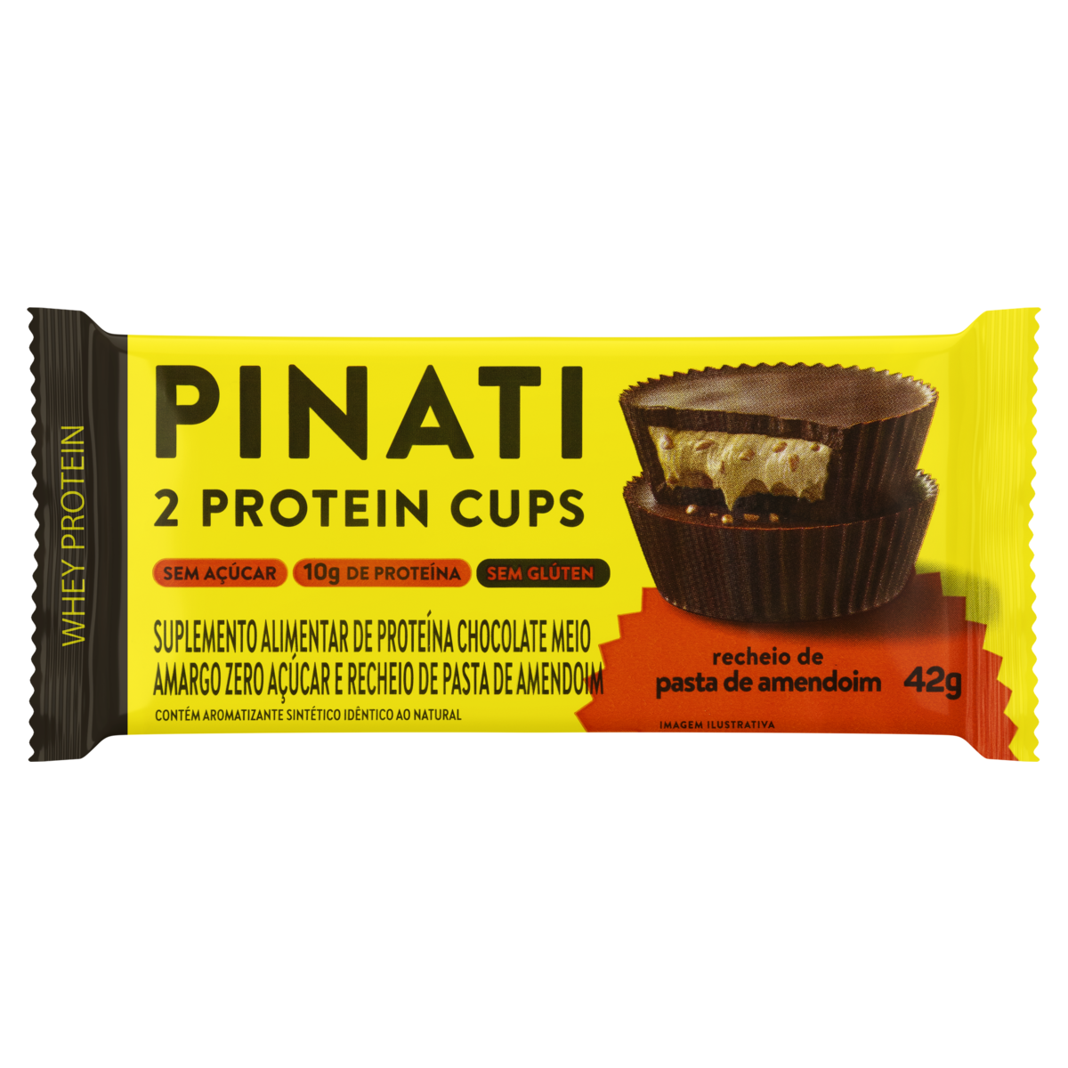 Tortinha de Proteína Chocolate Meio Amargo Recheio Pasta de Amendoim Zero Açúcar Pinati Whey Protein Cups Pacote 42g 2 Unidades