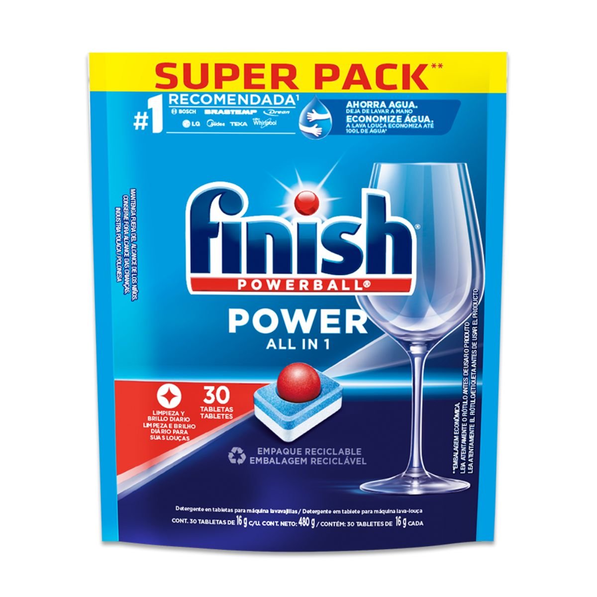 Detergente Tablete para Máquina de Lavar Louças Finish Powerball All In 1 Sachê 480g 30 Unidades Embalagem Econômica