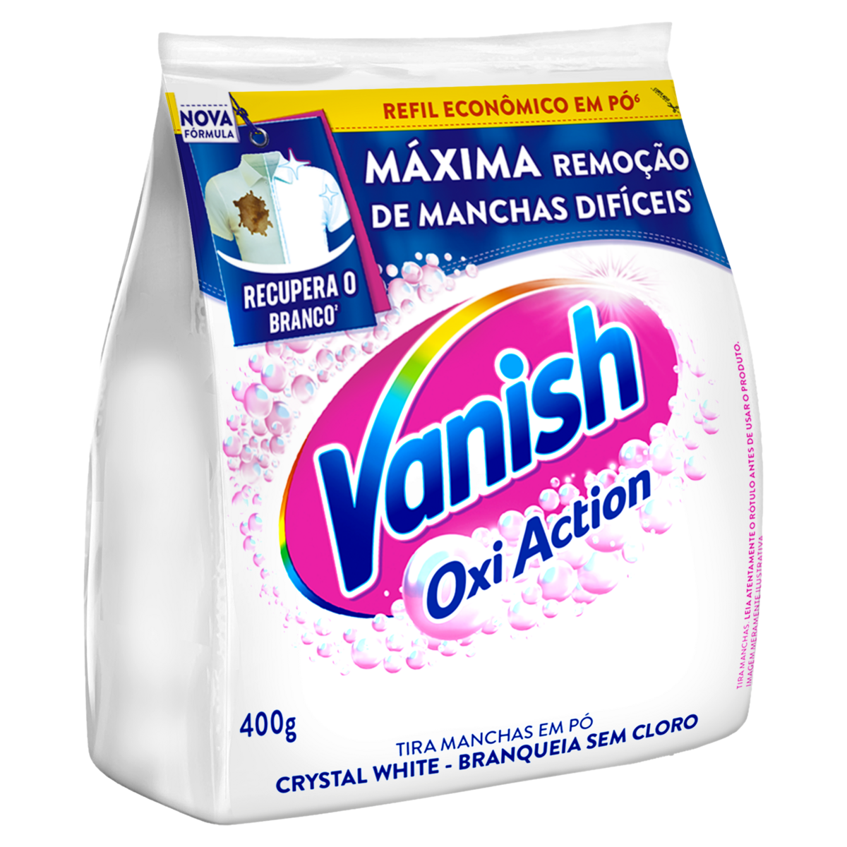 Tira-Manchas Pó Roupas Brancas Vanish Oxi Action Crystal White Pacote 400g Refil Econômico