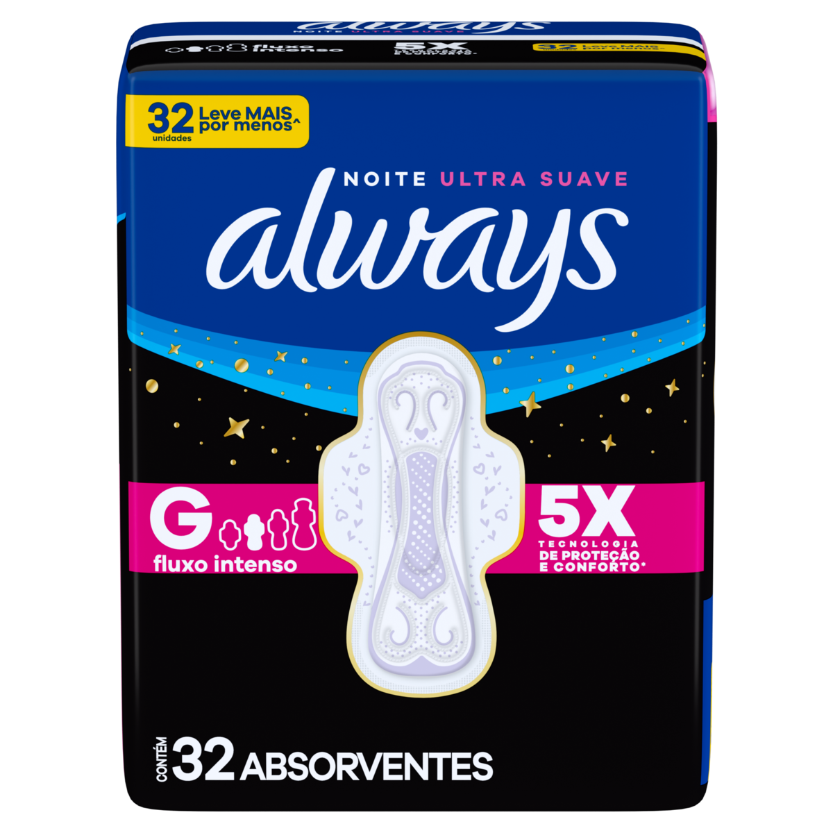 Absorvente com Abas Suave Always Noturno Grande Pacote 32 Unidades Grátis 4 Absorventes