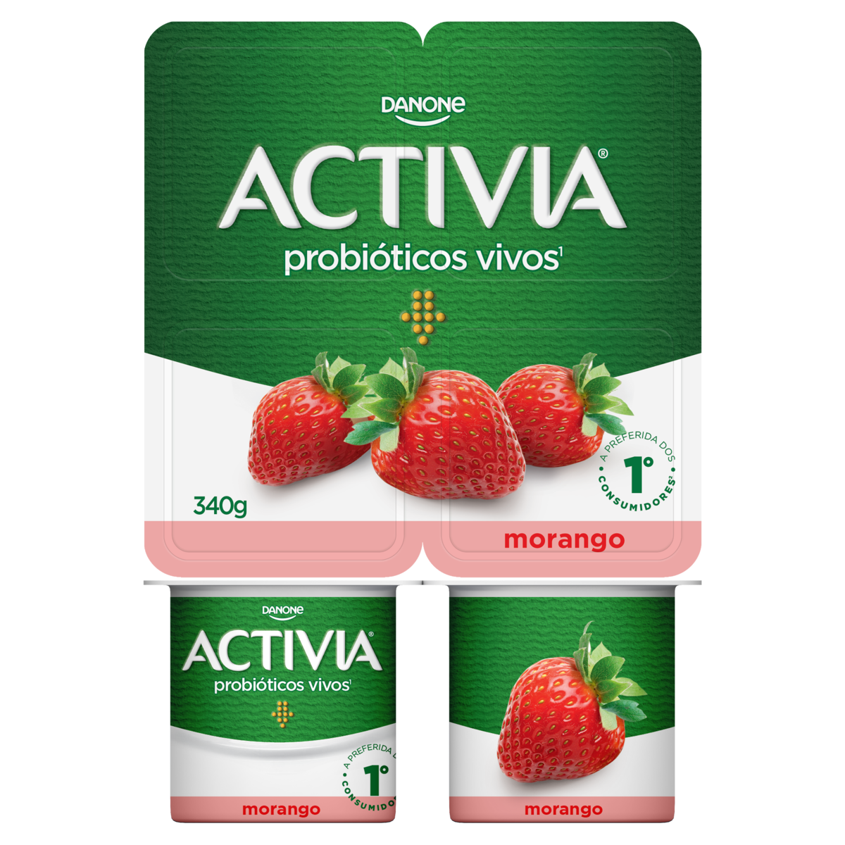 Leite Fermentado Integral Morango Activia Bandeja 340g 4 Unidades