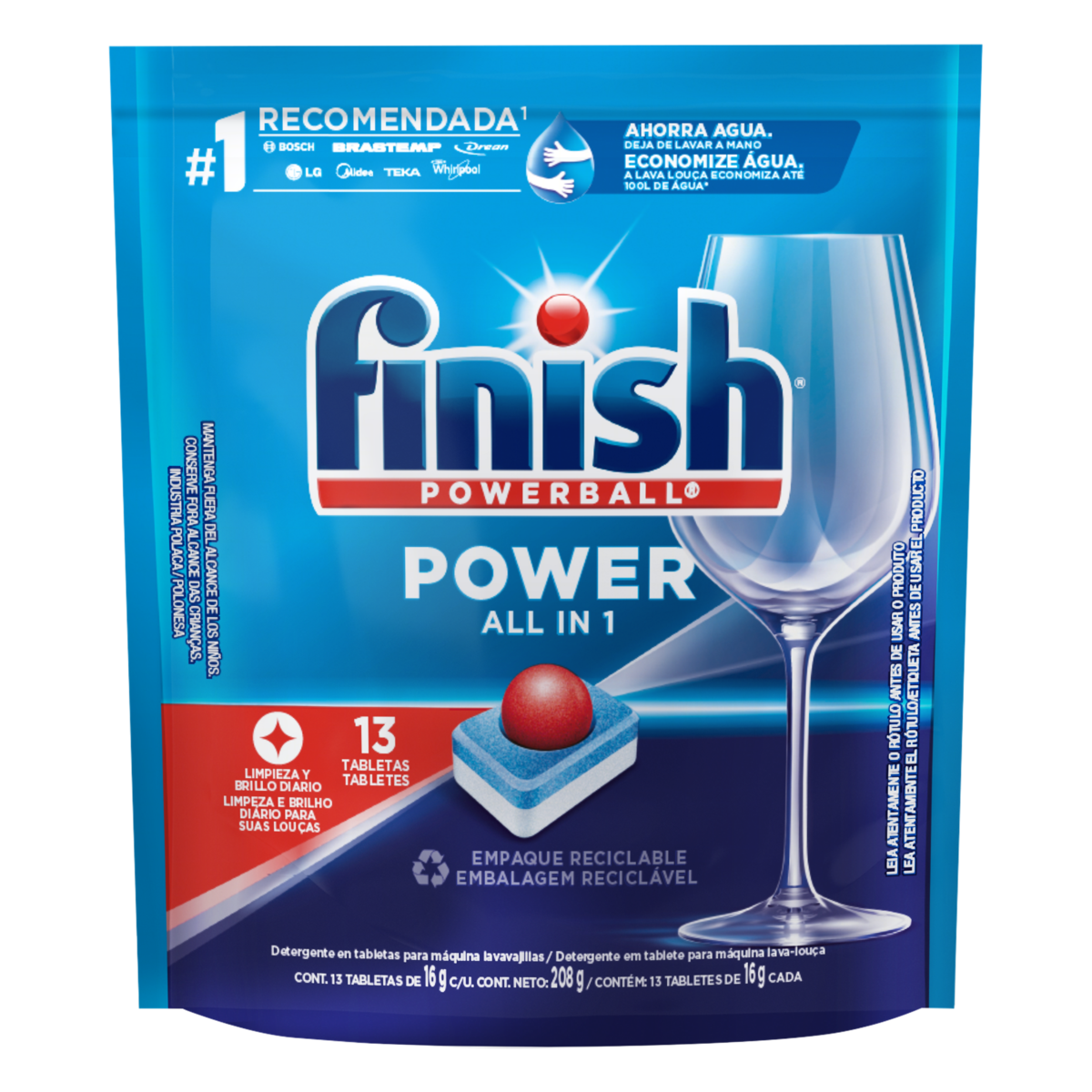 Detergente Tablete para Máquina de Lavar Louças Finish Powerball All In 1 Pouch 208g 13 Unidades