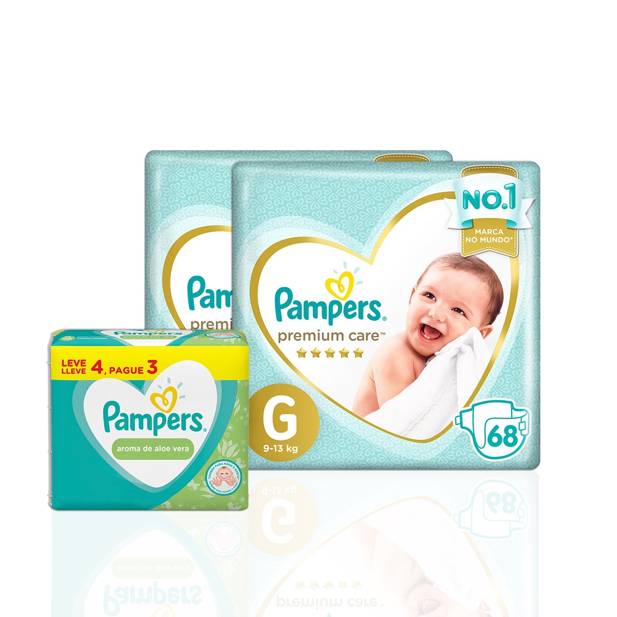 Kit 2 Fraldas Pampers Premium Care G 68 Unidades Lenços Umedecidos