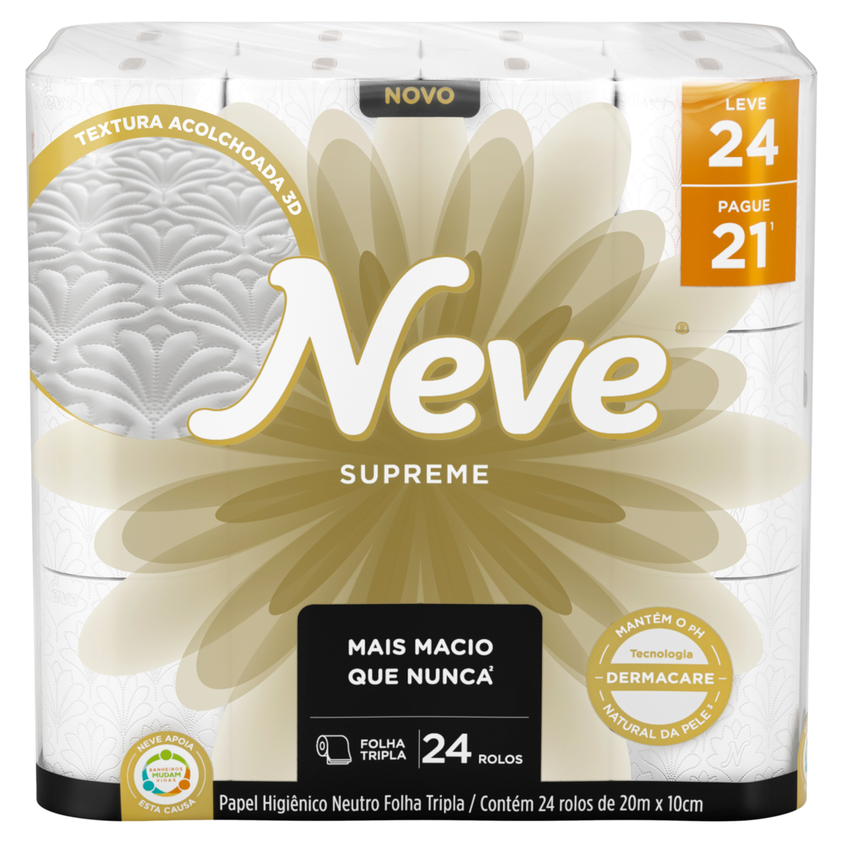 Papel Higiênico Folha Tripla Neutro Neve Supreme 20m Pacote Leve 24 Pague 21 Unidades