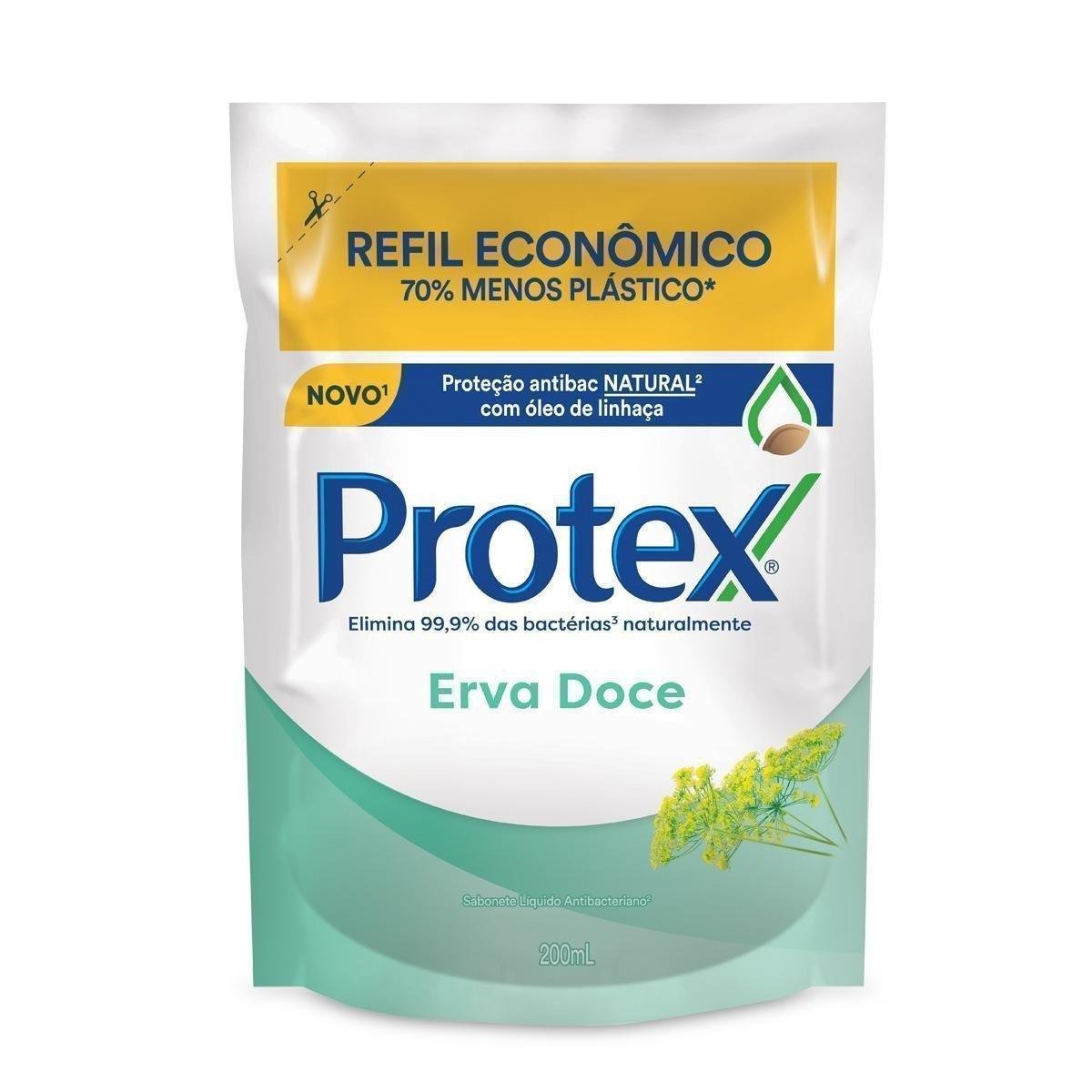 Sabonete Líquido Antibacteriano Erva-Doce Protex Sachê 200ml Refil Embalagem Econômica