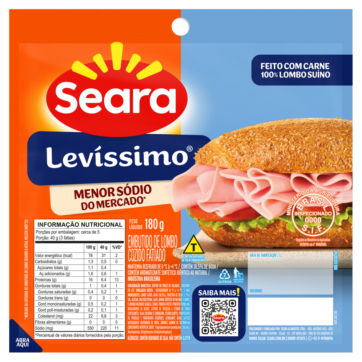 Embutido Suíno Cozido Fatiado Seara Levíssimo 180g