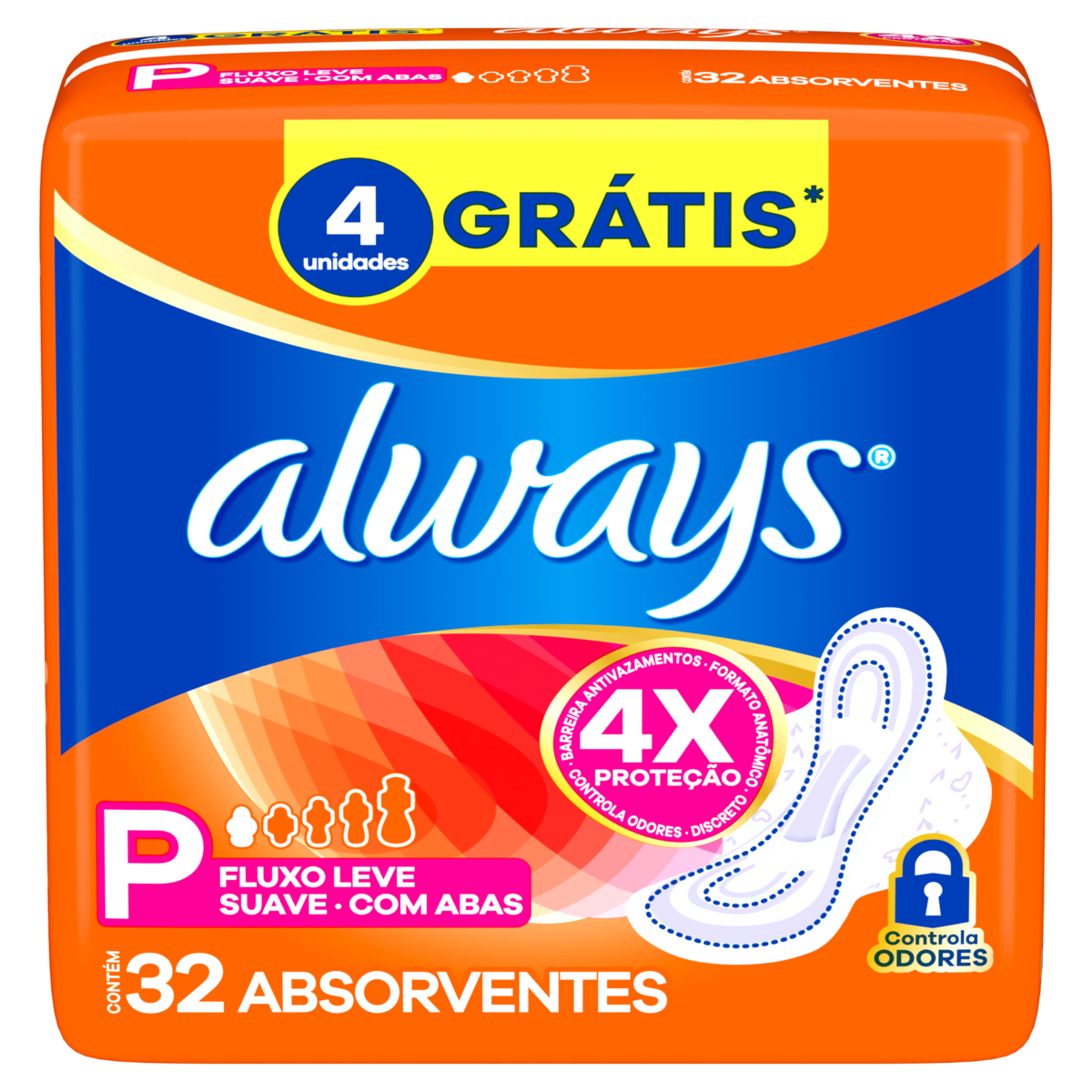 Absorvente com Abas Suave Always P Pacote 32 Unidades Grátis 4 Absorventes