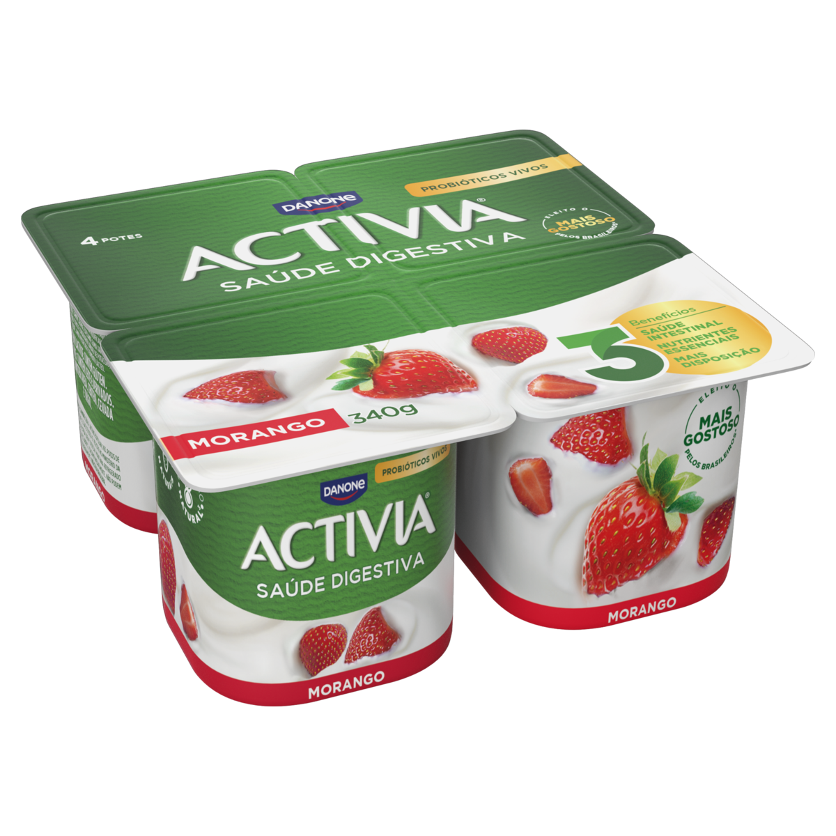 Leite Fermentado Integral Morango Activia Bandeja 340g 4 Unidades