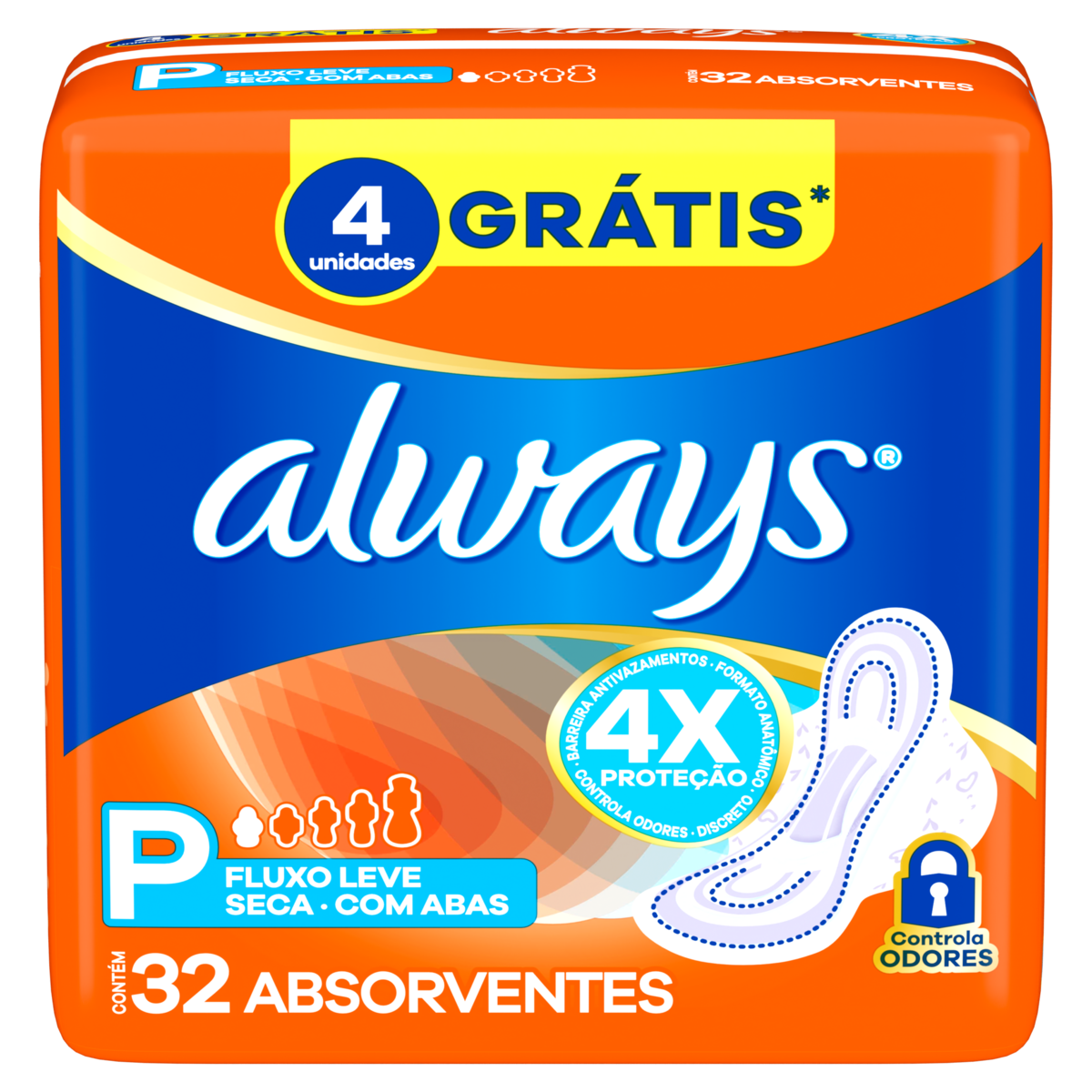 Absorvente com Abas Seca Always Pequeno Pacote 32 Unidades Grátis 4 Absorventes