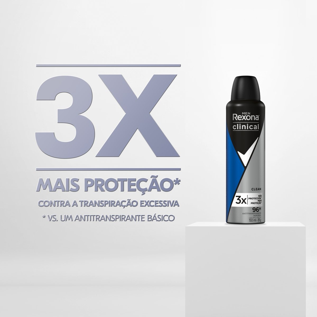 Desodorante Rexona Clinical aerosol masculino 91g-150ml clean 96 horas  proteção antitranspirante azul