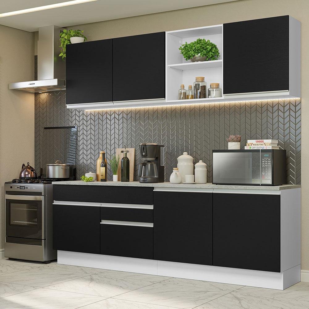 Armário de Cozinha Completa 240cm Branco/Preto Glamy Madesa 06 | Pão de ...