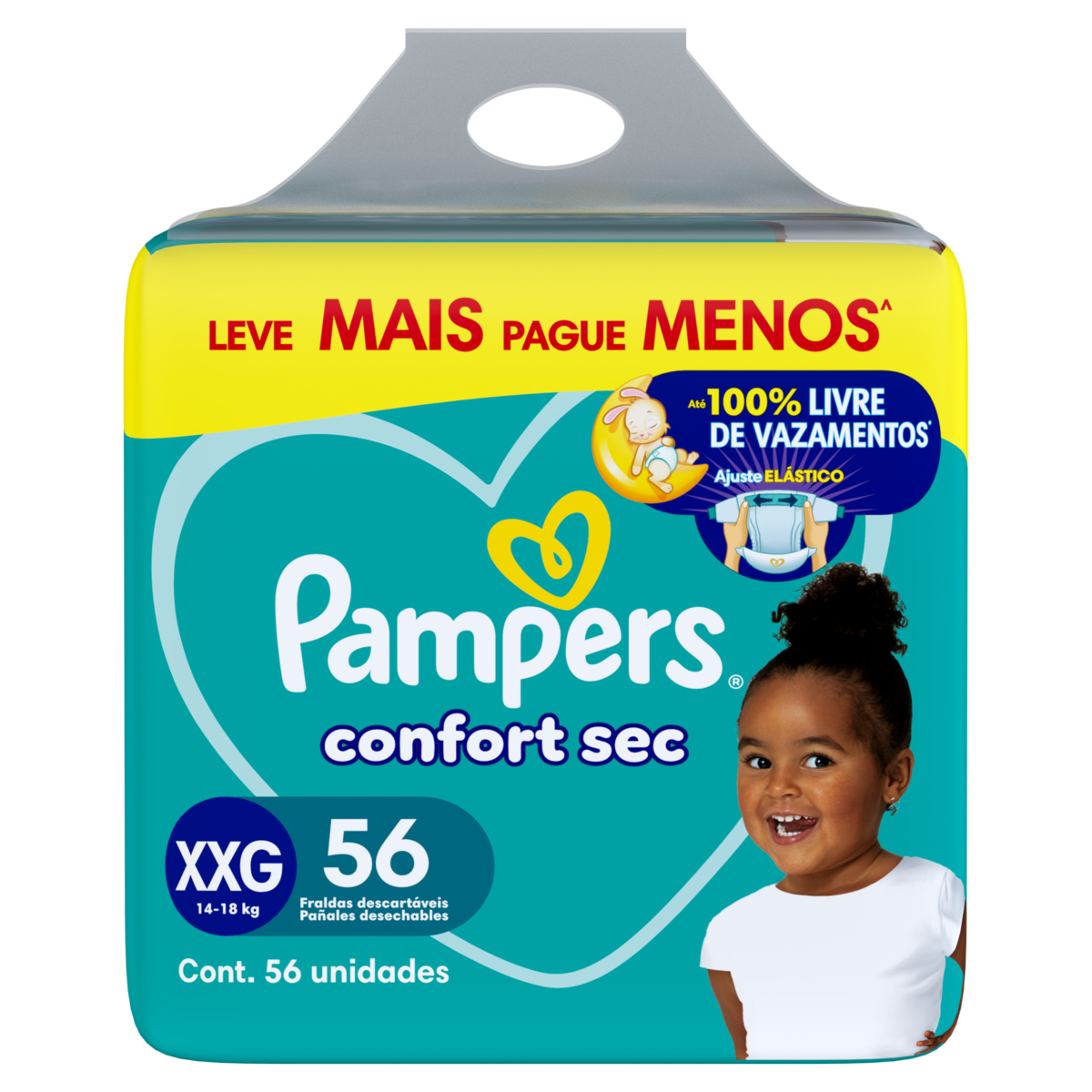 Fralda Descartável Infantil Pampers Confort Sec XXG Pacote 56 Unidades Leve Mais Pague Menos