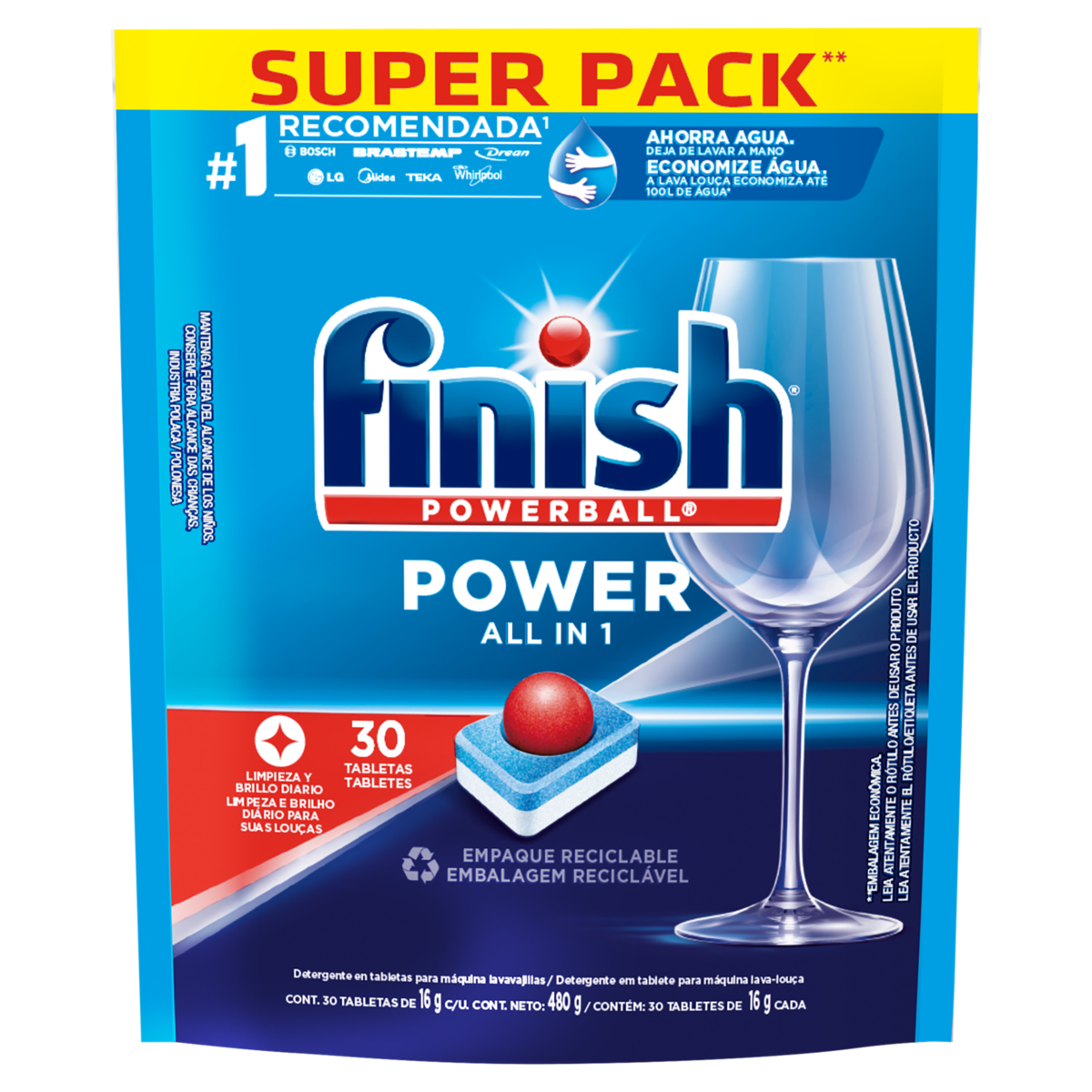 Detergente Tablete para Máquina de Lavar Louças Finish Powerball All In 1 Sachê 480g 30 Unidades Embalagem Econômica
