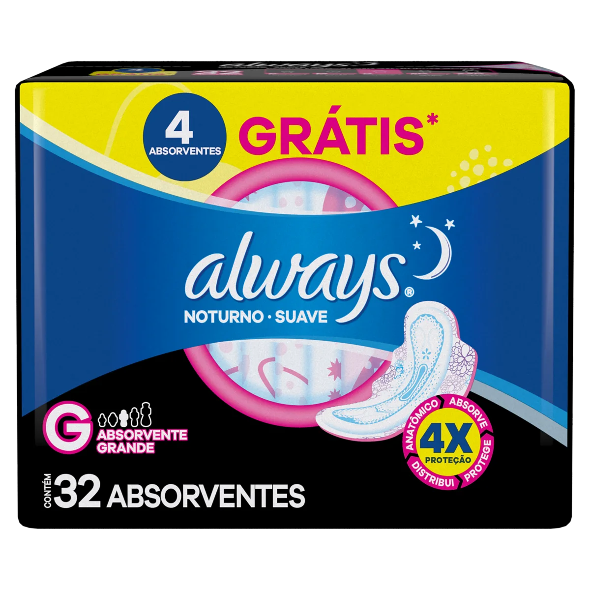 Absorvente com Abas Suave Always Noturno Grande Pacote 32 Unidades Grátis 4 Absorventes
