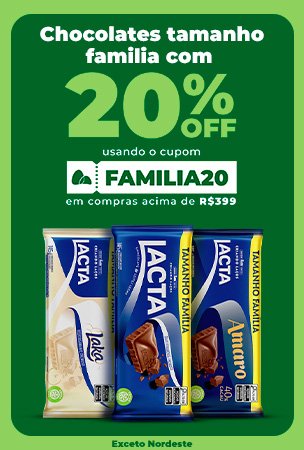 Chocolates tamanho familia com 20% off em compras acima de R$399 usando o cupom FAMILIA20 (Exceto NE)